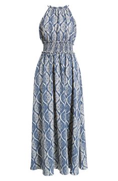 A bold allover print brightens the look of a carefree maxi dress structured with a smocked waist. 55" center front length (size Medium) Ties at back Halter neck Smocked waist Side-seam pockets Lined 100% polyester Machine wash, dry flat Imported Bohemian Maxi Dress With Smocked Bodice For Casual Wear, Chic Midi Dress With Elastic Waistband For Vacation, Vacation Empire Waist Ruched Maxi Dress, Blue Fitted Smocked Maxi Dress, Casual Maxi Dress With Smocked Bodice And Empire Waist, Flowy Maxi Dress With Gathered Waist, Elegant Beach Maxi Dress With Gathered Waist, Casual Maxi Dress With Ruched Empire Waist, Casual Ruched Maxi Dress With Empire Waist