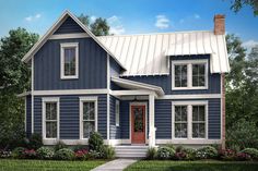 a blue house with white trim on the front and side windows is shown in this artist's rendering