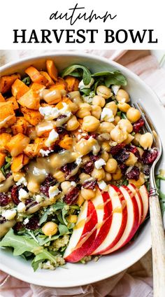 an apple and chickpeas salad with dressing in a white bowl on a table