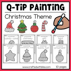 christmas themed q - tip painting worksheet for children to practice their handwriting and writing skills