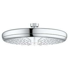 an overhead shower head in chrome