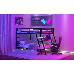 a bunk bed with purple lighting in a room that is lit up and has a desk underneath it