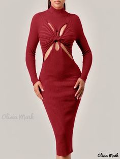 Olivia Mark - Stylish Long-sleeved Knitted Dress with Cut-out Design and Fashionable Twist Knot Detail Basic Skirt, Long Sleeve Knit Dress, Twist Knot, Knitted Dress, Cut Out Design, Types Of Skirts, Olivia Mark, Long Sleeve Knit, High Collar