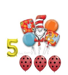 "Who doesn't love Dr. Seuss! This fun Cat in the Hat balloon package features: * Jumbo Cat in the Hat, mylar foil, photo 2 above, 20\"x 42\" * Round I Love Reading mylar foil, photo 3 above, 18\" * Square Dr. Seuss mylar foil, photo 4 above, 18\" * Red with black polka dots latex 11\" Balloon Information: * Inflate with pure helium if you want them to float. They can also be inflated with air but will not float * Home helium tanks are not recommended due to the low ratio of helium to air. * Ball Kids Party Balloons, Gold Number Balloons, Birthday Party Balloons, Its A Boy Balloons, Foil Packaging, Seuss Party, 5 Balloons, Fun Party Themes, 2nd Birthday Party