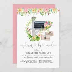 an image of a floral letter and mailbox bridal party card with the text, flowers by mail