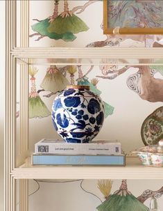 a blue and white vase sitting on top of a book shelf next to other books