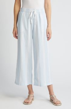 Breezy stripes adorn these lightweight linen-blend pants cut with flowy wide legs and topped with a comfortable elastic waist. 24 1/2" inseam; 25" leg opening; 11 1/2" front rise; 15 1/2" back rise (size Medium) Elastic/drawstring waist Front slant pockets; back welt pockets 55% linen, 45% rayon Machine wash, tumble dry Imported Linen Blend Pants, Wide Legs, Welt Pockets, Drawstring Waist, Linen Blend, Elastic Waist, Wide Leg, Nordstrom, Stripes