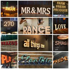 many different types of neon signs are shown in this collage with the words mr and mrs