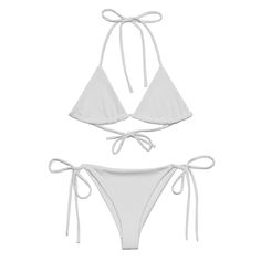 Light gray recycled string bikini. Stay comfortable and stylish all summer with this All-Over Print Recycled String Bikini set. It's made from soft recycled polyester with double-layering and UPF 50+. Style the straps how you like and get ready to swim!  * Soft and stretchy material with UPF 50+ * Sizes up to 6XL * Bikini top comes with removable padding for comfort * Multiple ways to tie and style the bikini set Disclaimers:  * Due to the 2-layered construction and internal stitching, a visible stitch may appear in the crotch seam of the bikini bottom. This is a normal part of the manufacturing process and does not impact the quality or performance of the product. * To make your All-Over Print Recycled String Bikini last longer, thoroughly rinse it off after each use and get rid of any ch Vacation String Swimwear With Drawstring, String Swimwear With Drawstring For Vacation, White Triangle Top Swimwear With String Tie, White Triangle Top Swimwear With Drawstring, White Drawstring Swimwear For Beach Party, White String Swimwear For Summer, White String Tie Swimwear For Beach Season, White Fitted Swimwear With String Tie, Summer String Tie Swimwear