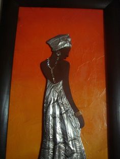 a painting of a woman in a silver dress and hat on an orange background with a black frame