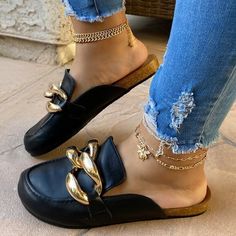 Black Casual Street Split Joint Closed Comfortable Out Door Shoes Big Gold Chains, Closed Shoes, Womens Clogs And Mules, Women Slippers Fashion, Pu Heels, Shoe Black, Fashion Sandals