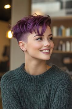 Click for More ➡️ | Save for Later ❤️  Bright purple streaks add a bold pop of color to this sharp, undercut pixie. (Undercut Pixie with Vivid Purple Streaks - Undercut Pixie Hairstyles) Pixie Undercut, Purple Streaks, Undercut Pixie, Bright Purple, Pixie Hairstyles, Undercut, Hair Dos, Short Hair Cuts, Color Pop