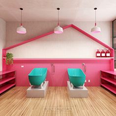 there are two toilets in the room with pink walls