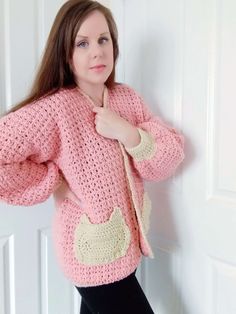 Crochet Pink And White, Cat Cardigan, Cardigan Free Pattern, Crochet Snood, Square Cardigan, Crochet Cardigans, Crochet Pink, Free Pdf Pattern, Easy Crochet Projects