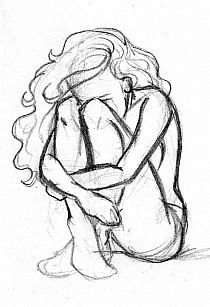 a pencil drawing of a woman hugging her head with her hands behind her back, on a white background