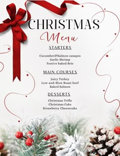 a christmas menu with pine cones and red ribbon