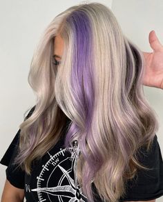 Lavender Color Block Hair, Blonde Hair With Purple Streaks, Black Lowlights, Purple Money, Colorblock Hair, Hairstylist Inspiration, Purple Blonde Hair, Alt Hair, Color Block Hair