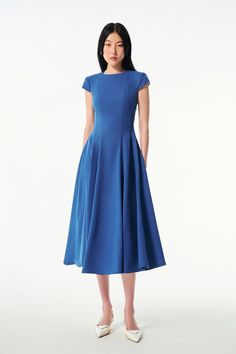 Vela Flared Short Sleeved Wool Cotton Midi Dress | MEAN BLVD Short Sleeve Wedding Guest Dress, Blue Modest Dress, Summer Modest Dresses, Blue Wedding Guest Dresses, Model Clothes, Mean Blvd, Corporate Wear, Modest Dress, Diy Clothes Life Hacks