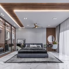 a bedroom with marble flooring and white walls, along with a large bed in the middle