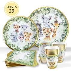 a group of plates and cups with animals on them