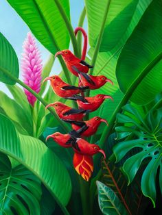 a painting of birds sitting on top of red flowers in the middle of green leaves