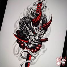 a drawing of a demon with a snake on it's head