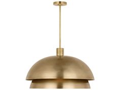 a brass colored pendant light fixture with an open dome shade on the top and bottom