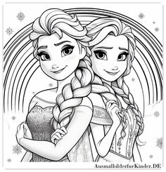 two frozen princesses hugging each other with snowflakes in the background