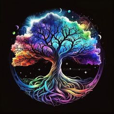 a colorful tree with many different colors on it's branches and the moon in the background