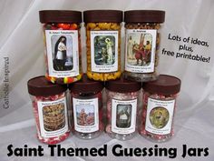 a group of jars filled with different types of candies next to the caption saint themed gussing jars