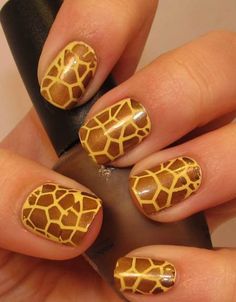 Giraffe print is the easiest print to do on your nails. Just paint your nails brown and make outlines in random hexagonal shapes using yellow color. Also there are so many stamping plates that have giraffe print, you can use these too. Stamped Nails, Easy French Twist, Nail Polish Art, Creative Nails