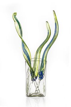 LEAVES - COBALT w/LIME Lime Leaves, Glass Vases