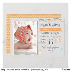 a birth announcement with an image of a baby in a bonnet on it's head