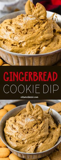 a close up of a cookie dip in a pan with cookies around it and the words gingerbread on top