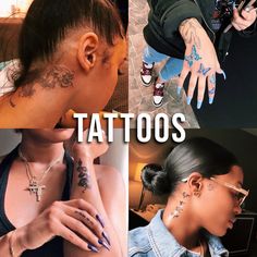 the woman has tattoos on her neck and behind her are pictures of other women with piercings