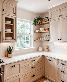 a kitchen with wooden cabinets and white counter tops, along with a potted plant on the window sill