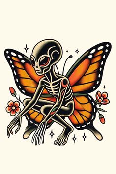 a skeleton sitting on top of a butterfly