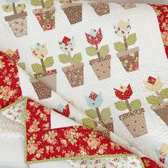 a red and white quilt with flower pots on it