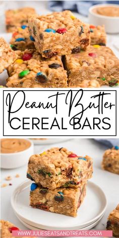 peanut butter cereal bars stacked on top of each other with the words, peanut butter cereal bars