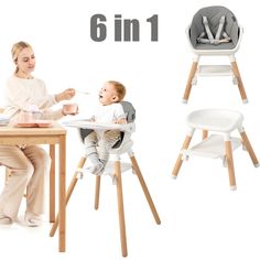 a woman sitting at a table with a baby in a highchair eating food