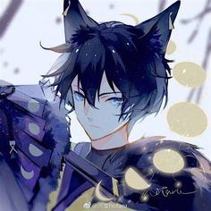 an anime character with black hair and blue eyes holding a cat's head in his hands