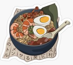 a bowl of noodles with eggs and meat sticker