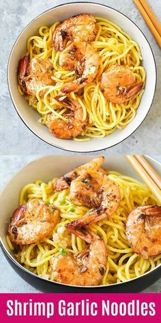 shrimp and garlic noodle stir fry in a pan with chopsticks