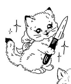 a drawing of a cat holding a knife