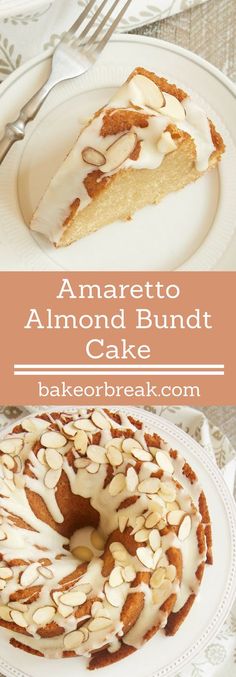 an almond bundt cake on a white plate