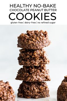 healthy no - bake chocolate peanut butter cookies stacked up on top of each other