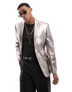 Suit jacket by ASOS DESIGN A metallic moment Notch lapels Two-button fastening Pocket details Skinny fit Cosmos Theme Party Outfit, Silver Outfits Men, Glitz And Glam Party Outfit Men, Silver Outfit Men, Glitz And Glam Outfit, Glam Party Outfit, Metallic Suit, Silver Suit, Silver Outfit