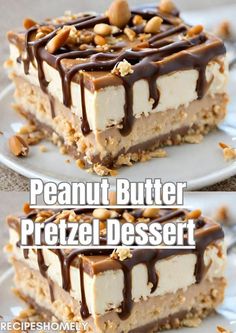 two pieces of peanut butter pretzel dessert on plates