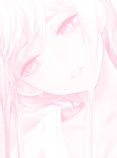 a drawing of a girl with long hair and pink eyes looking at the camera while she is holding her head down