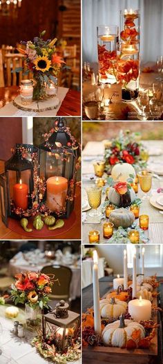 many different pictures with candles and flowers on the top one is filled with pumpkins